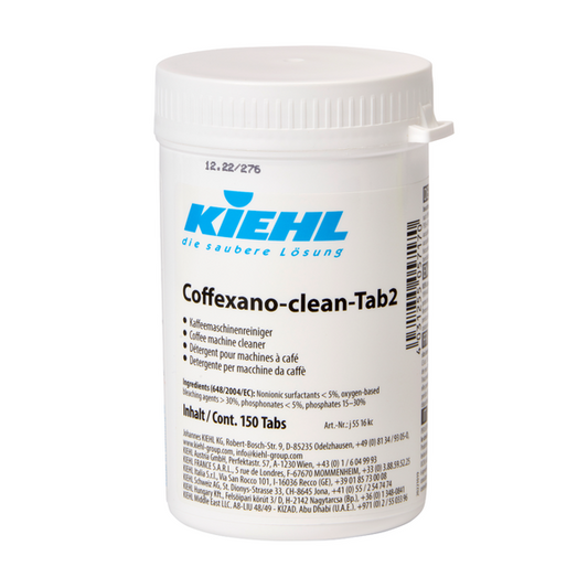 Ein weißer Kunststoffbehälter der Johannes Kiehl KG mit der Aufschrift "Kiehl Coffexano-cleanTab2 Kaffeemaschinenreiniger" fasst 150 Reinigungstabs für Kaffeemaschinen und enthält Beschreibungen in Deutsch, Englisch und Französisch mit einem Schraubdeckel.