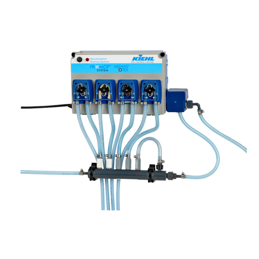Das Johannes Kiehl KG ARENAS-P6 Dosiersystem besteht aus sechs beschrifteten Dosierpumpen (je 18 L/h) und blauen Schläuchen, die an der Wand montiert werden und der automatischen Dosierung von industriellen Reinigungschemikalien dienen. Die Packung enthält eine Einheit.