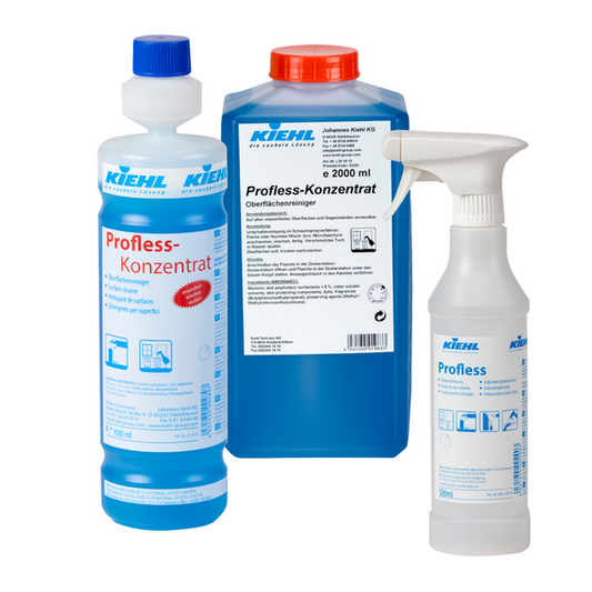 Drei Kiehl Profless-Behälter: eine blaue 500 ml Trichterflasche leer mit 6 aerosolfreien Sprüher (Johannes Kiehl KG) und zwei große blaue Kannen mit roten Deckeln, alle mit der Aufschrift Profless-Konzentrate Oberflächenreiniger.
