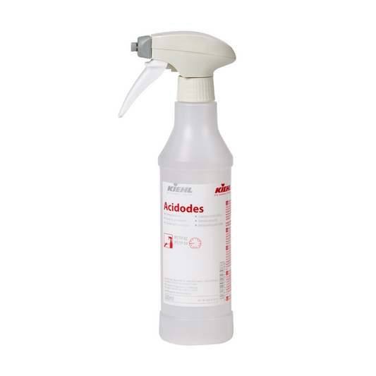 Der Kiehl Acidodes Flüssiger saurer Desinfektionsreiniger 5 L von Johannes Kiehl KG ist ein flüssiger saurer Desinfektionsreiniger, ideal für hygienesensible Bereiche und die professionelle Reinigung, erhältlich in einem Karton mit 2 Flaschen.