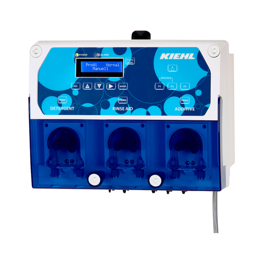 Das Kiehl ARCANDIS Peredos 2L Leitwertgesteuertes Schlauchpumpendosiersystem der Johannes Kiehl KG ist ein wandmontiertes Spendersystem mit zwei Pumpen, digitalen Einstellmöglichkeiten und Sektionen für Reiniger, Klarspüler und Zusatzmittel.