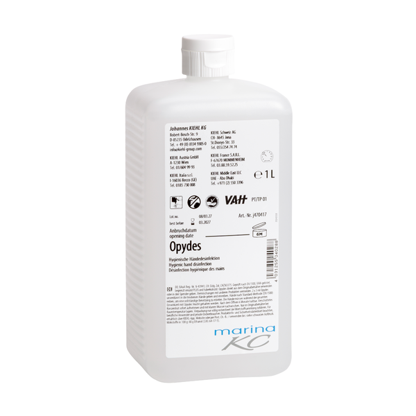 Weiße 1-Liter-Kunststoffflasche mit Flip-Cap und weißem Etikett mit schwarzer und blauer Schrift, Produktinformation, Symbolen und der Marke "Johannes Kiehl KG". Das Produkt "Kiehl Opydes Hygienische Händedesinfektion" sorgt für eine effektive Keimreduktion.