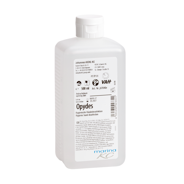 Weiße 500-ml-Kunststoffflasche Kiehl Opydes Hygienische Händedesinfektion der Johannes Kiehl KG mit weißem Verschluss und Etikett mit Anwendungshinweisen, Dosierungsangaben, Herstellerinformationen und Zertifizierungslogos.