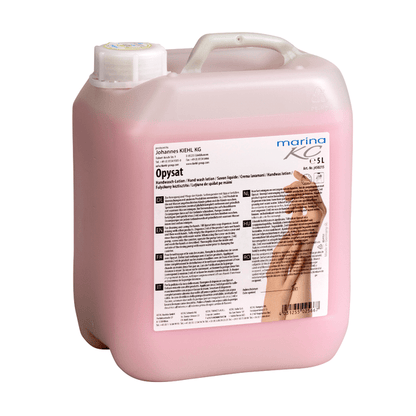 In a pink 5-liter plastic container with a white lid, labeled in several languages, is the Kiehl Opysat hand wash lotion from Johannes Kiehl KG, a pH-neutral soap for gentle hand cleaning.