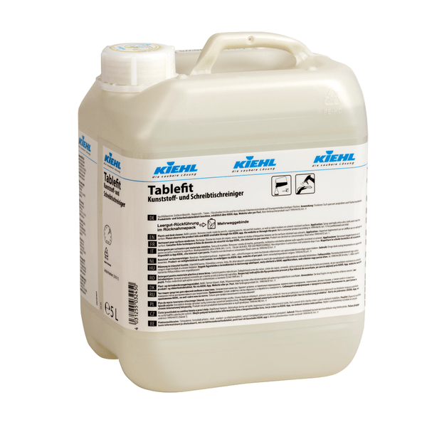 A white 5-liter plastic container of Kiehl Tablefit plastic and desk cleaner from Johannes Kiehl KG with a screw cap and a large product label with German text and various symbols.