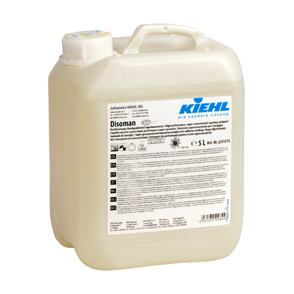 The 5-liter plastic container of Kiehl Disoman high-performance manual dishwashing detergent super concentrate from Johannes Kiehl KG features a white label with product information and branding, as well as a screw cap and a carrying handle for effective cleaning.