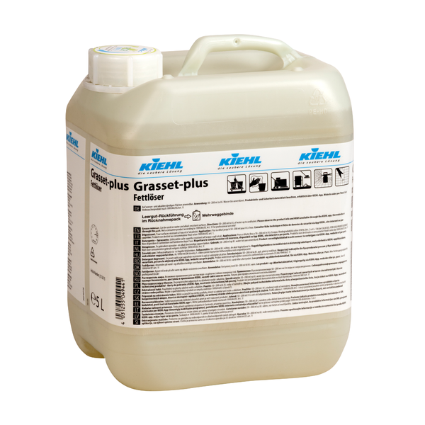 A 10-liter plastic container of Kiehl Grasset-plus grease remover from Johannes Kiehl KG, an effective grease remover and cleaner for all surfaces, with a white screw cap and a label with product information, instructions, and safety symbols.