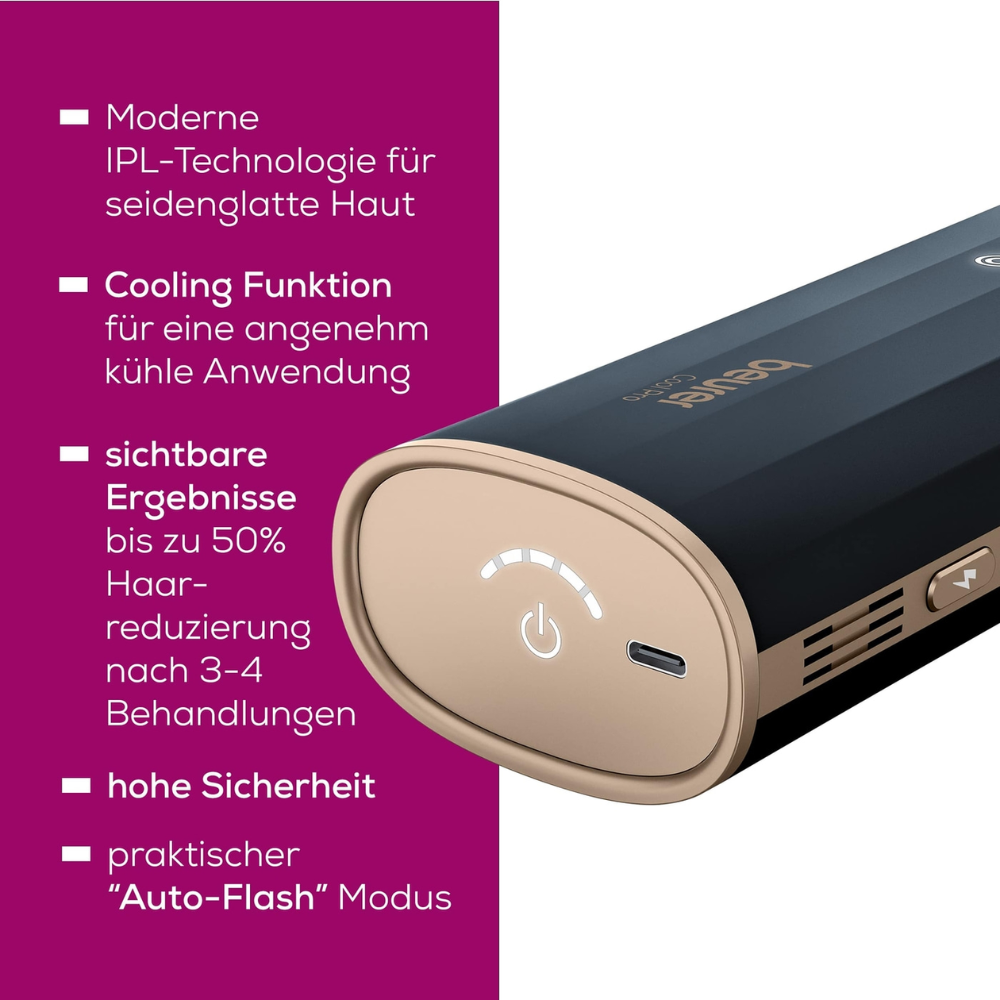 A close-up of the Beurer IPL hair removal device IPL 7800 COOL PRO by Beurer GmbH in black and gold. The device is shown from an angle to highlight the power button, cooling function, and 'Auto-Flash' mode. German text around the device describes its modern IPL light technology and its benefits.