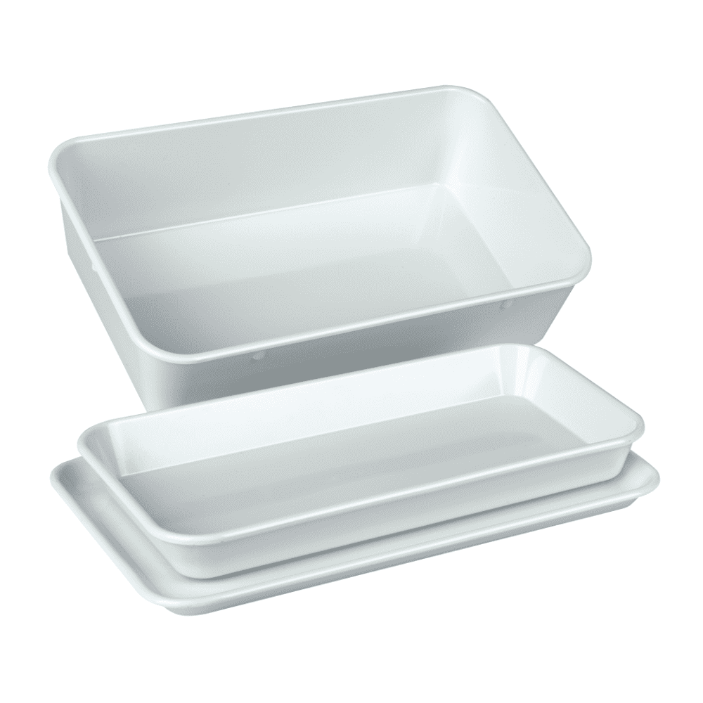 A set of three stacked white rectangular instrument trays from Servoprax GmbH, consisting of an upper tray with higher edges (190 x 150 x 40 mm) and two shallower trays with a flat bottom. Ideal for organizing your important utensils in a sleek, heat-resistant design.