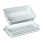 A set of three stacked white rectangular instrument trays from Servoprax GmbH, consisting of an upper tray with higher edges (190 x 150 x 40 mm) and two shallower trays with a flat bottom. Ideal for organizing your important utensils in a sleek, heat-resistant design.