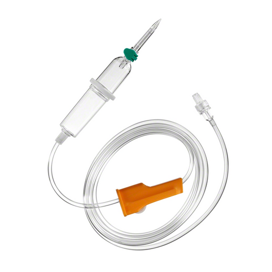 Das B. Braun Intrafix® Primeline 150 cm IV-Infusionsset von B. Braun Deutschland GmbH & Co. KG bietet eine präzise Medikamentenzufuhr mit einer durchsichtigen Kammer, einem grünen Flüssigkeitseinführdorn, einem orangefarbenen Durchflussregler und einem Endverbinder. Es verfügt über einen Spiralschlauch mit einem fortschrittlichen Partikelfilter für mehr Sicherheit.