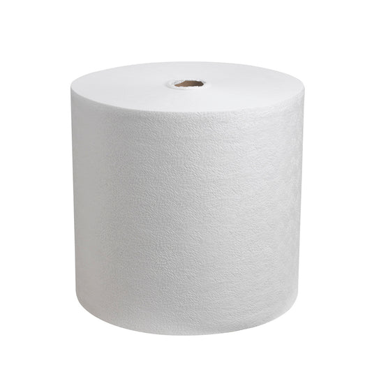 Eine Kimtech® Pure Wischtücher Großrolle (600 Tücher, Weiß) von Kimberly-Clark GmbH steht aufrecht vor weißem Hintergrund; die fusselfreien, strukturierten Tücher sind sauber um einen Kartonkern mit sichtbarer Öffnung gewickelt.