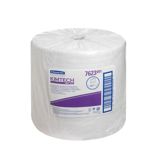 Die Kimtech® Pure Wischtücher Großrolle von Kimberly-Clark GmbH bietet 600 fusselfreie, weiße Tücher pro Rolle (1x600) im Karton-Ideal für saubere Reinigung, mit Produktinfos, Barcode und Nr. 7623 auf dem Etikett.