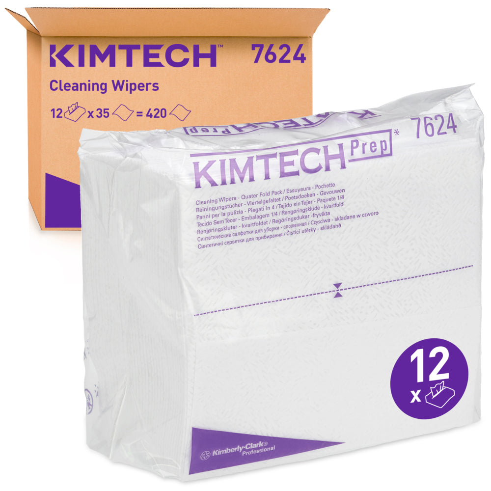 Eine durchsichtige Packung Kimtech® Pure Wischtücher von Kimberly-Clark GmbH (weiß, viertelgefaltet, 12 Packungen x 35 Blatt) wird vor einer braunen Schachtel mit der Aufschrift "Cleaning Wipers 7624" gezeigt. Die Produktangaben sind auf der Verpackung aufgedruckt.