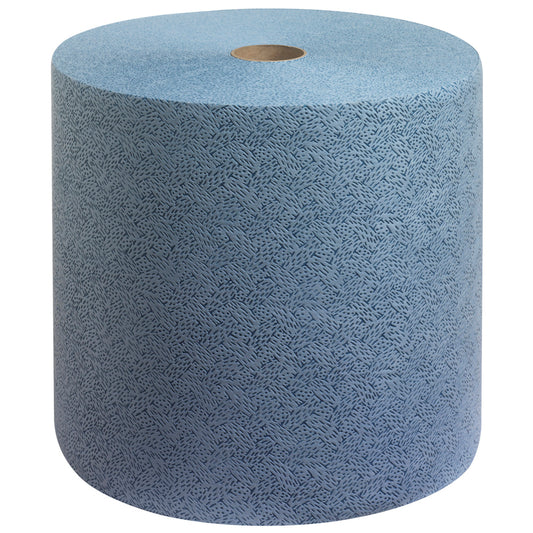 Die Kimtech® Prozeßwischtücher Großrolle in Blau von Kimberly-Clark GmbH (1 Rolle x 500 Blatt) sind ideal für die industrielle Reinigung. Sie sind mit einem strukturierten Muster versehen und auf weißem Hintergrund abgebildet.