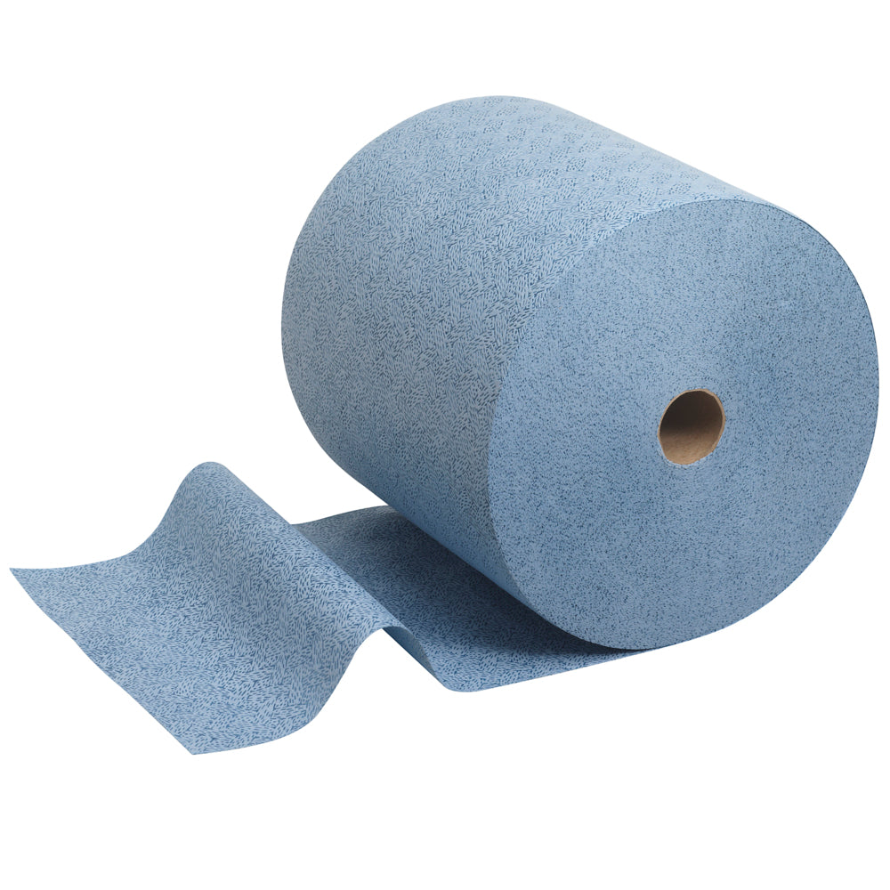 A Kimtech® Prozeßwischtücher Großrolle in Blau (1 Rolle x 500 Blatt) von Kimberly-Clark GmbH, mit einem abgerollten Tuch auf weißem Hintergrund - ideal für industrielle Reinigung.