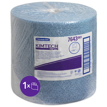 Eine große blaue Kimtech® Prozeßwischtücher Großrolle (1 Rolle x 500 Blatt) von Kimberly-Clark GmbH, in klarem Kunststoff mit einem weiß-violetten Etikett mit dem Produktnamen, 500 Tücher, Nr. 7643, und einem Symbol für eine Rolle mit 500 Tüchern.