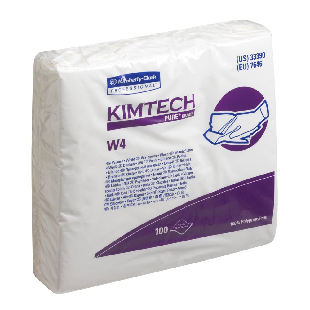 A sealed package of Kimtech® Pure W4 wipes - Single / White from Kimberly-Clark GmbH contains 100 white cleanroom wipes. The predominantly white packaging features purple lettering and an image of hand cleaning for professional use.