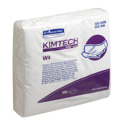 A sealed package of Kimtech® Pure W4 wipes - Single / White from Kimberly-Clark GmbH contains 100 white cleanroom wipes. The predominantly white packaging features purple lettering and an image of hand cleaning for professional use.