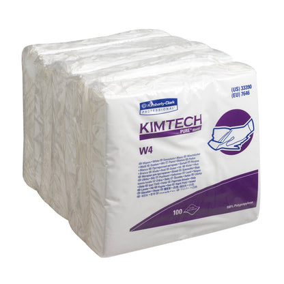 A transparent package of Kimtech® Pure W4 wipes - Single / White from Kimberly-Clark GmbH, labeled for professional cleaning solutions, with product information and a hand wiping graphic. The package contains 100 cleanroom wipes.