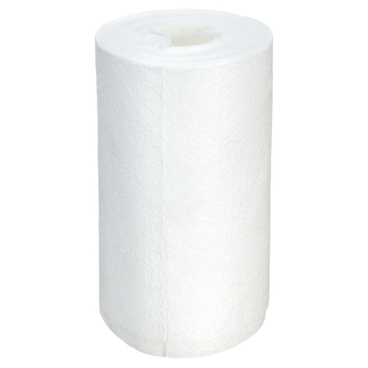 Eine einzelne unbenutzte Kimtech® Wettask™ DS Wischtücher Kleinrolle von Kimberly-Clark GmbH steht aufrecht auf einem schlichten weißen Hintergrund.
