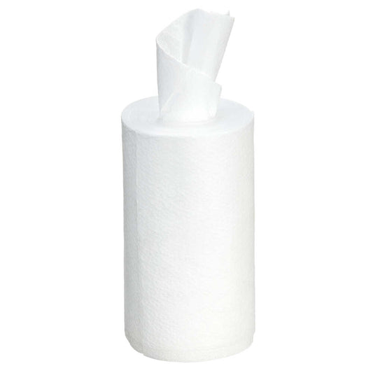 Eine kleine Rolle Kimtech® Wettask™ DS Wischtücher (Kimberly-Clark GmbH, 12 Rollen x 55 Tücher) mit einem aufgezogenen Blatt - praktische weiße Reinigungstücher im Karton, perfekt für den vielseitigen täglichen Gebrauch.