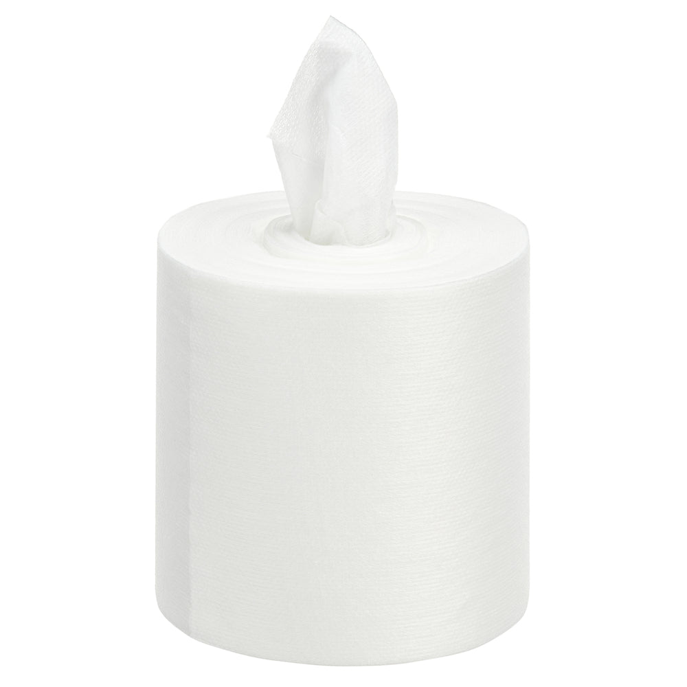 A single large white roll of WypAll® Wettask™ PowerClean cleaning cloths (6 refills x 120 sheets, white) from Kimberly-Clark GmbH is depicted with a sheet partially pulled out from the center on a solid white background.
