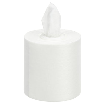 A single large white roll of WypAll® Wettask™ PowerClean cleaning cloths (6 refills x 120 sheets, white) from Kimberly-Clark GmbH is depicted with a sheet partially pulled out from the center on a solid white background.