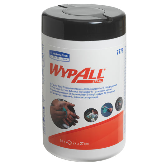 Ein zylindrischer Becher WypAll® Wischtücher von Kimberly-Clark GmbH, grüne Variante, mit schwarzem Deckel und weißem Etikett mit Marken- und Anwendungsbildern; jeder Karton enthält 6 Becher x 50 Tücher (27 x 27 cm) mit hoher Saugkraft.