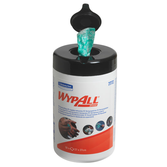 Ein zylindrischer Becher mit WypAll® Wischtüchern von Kimberly-Clark GmbH mit schwarzem Pop-Top-Deckel. Ein grünes Wischtuch ist teilweise herausgezogen. Das Etikett weist auf hohe Saugfähigkeit und Wiederverwendbarkeit hin. Enthält 6 Wannen mit je 50 Blatt (Karton, 6 Eimer).