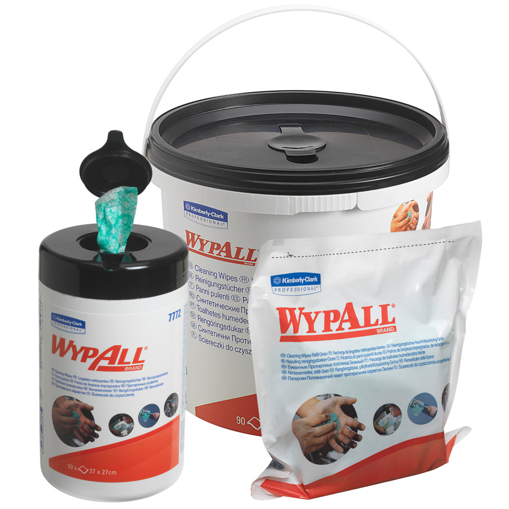 Abgebildet sind drei WypAll® Wischtücher (Grün, 6 x 50 Blatt) der Kimberly-Clark GmbH: ein ausziehbarer Wischtuchspender, ein großer Henkel-Eimer mit Deckel und ein Nachfüllbeutel - alle für hohe Saugkraft konzipiert.
