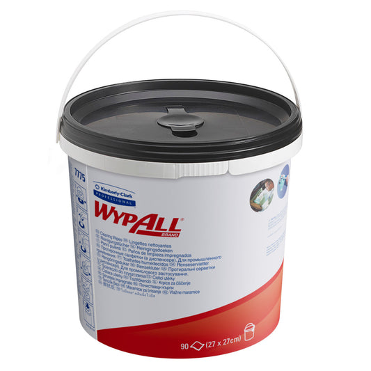 Ein grüner WypAll® Wischtücher-Spendereimer von Kimberly-Clark GmbH enthält 90 Vliestücher; verkauft als 6 Eimer x 90 Tücher pro Karton.