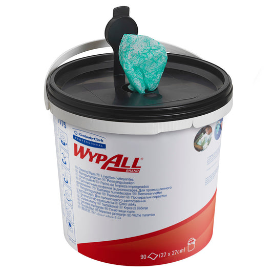 Ein weiß-roter Kimberly-Clark GmbH WypAll® Wischtücher-Behälter mit schwarzem Deckel spendet ein grünes Vliesstoff-Tuch. Die 6 Spendereimer-Box enthält 6 Eimer; jeder Eimer fasst 90 grüne Reinigungstücher (90 Blatt pro Eimer).