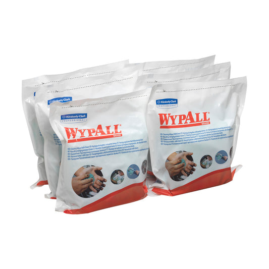 Sechs Pakete WypAll® Wischtücher - Grün von Kimberly-Clark GmbH mit jeweils 75 Blatt sind mit einem auffälligen Branding und grünen Akzenten versehen und für industrielle Reinigungsaufgaben konzipiert.