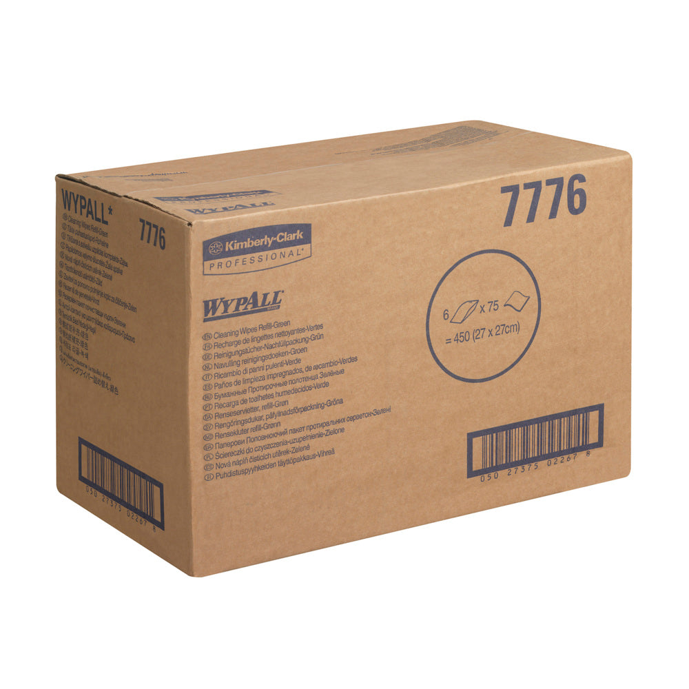 Eine braune Pappschachtel mit der Aufschrift "WypAll® Wischtücher - Grün - 6 Bags x 75 Sheets" von Kimberly-Clark GmbH weist auf der versiegelten Oberfläche eine Produktinformation und einen Barcode auf. Die Schachtel mit grünen Industrietüchern ist auf weißem Hintergrund abgebildet.