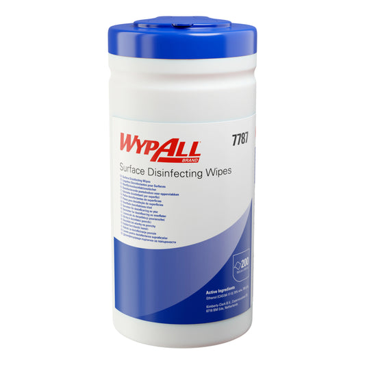 Ein weißer, zylindrischer Kimberly-Clark GmbH WypAll® Flächendesinfektionstücher Spendereimer fasst 200 Tücher pro Eimer und ist mit Produktinfos und Anwendungshinweisen versehen. Verkauft als 10 Becher x 200 Blatt in einem Karton für eine effiziente Oberflächenreinigung.