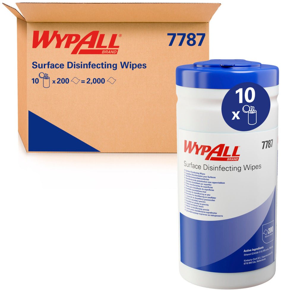 A WypAll® surface disinfection wipe dispenser bucket (White, 200 wipes) from Kimberly-Clark GmbH stands in front of a carton with 10 buckets and features a blue lid for effective disinfection of various surfaces.