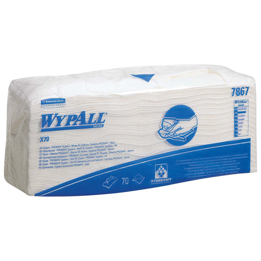 Abgebildet ist eine Packung Kimberly-Clark GmbH WypAll® X70 Wischtücher (Weiß, 7867) mit blauem Text und Handillustration. Jeder Karton enthält 6 Beutel mit 70 gefalteten Tüchern - ideal für die anspruchsvolle industrielle Reinigung.