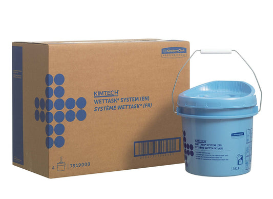 Ein blauer Kimtech® Wettask™ Rollen Wischtuch Spendereimer und ein brauner Karton, beide von Kimberly-Clark GmbH, sind mit Produktinformation und blauer Grafik abgebildet - ideal für Wischtuch Spenderlösungen. Jeder Karton enthält 4 blå Spendereimer.