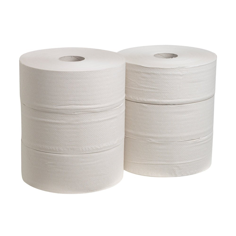 Six jumbo Hostess™ NATURA toilet paper rolls (each 525 m) from Kimberly-Clark GmbH are stacked in two rows of three against a white background, each showing a visible cardboard core. The package contains 6 white rolls per carton.