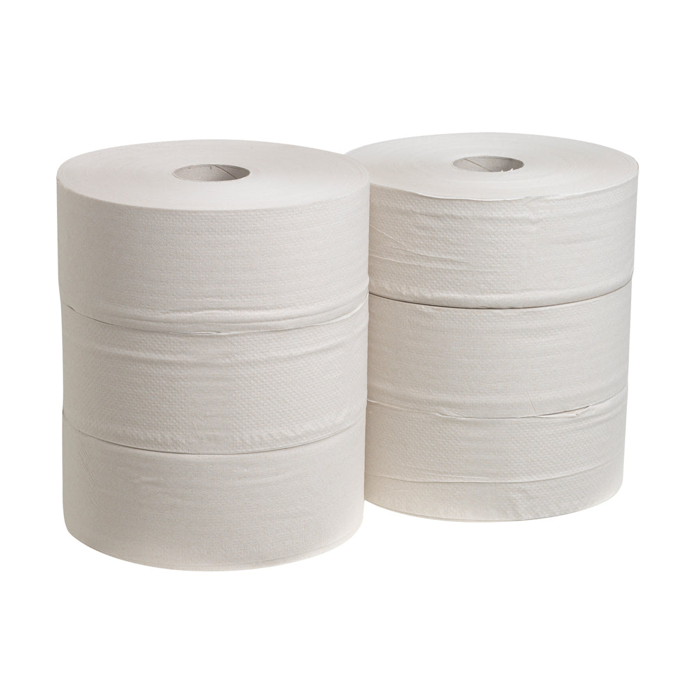 Sechs Jumbo Hostess™ NATURA Toilettenpapierrollen (je 525 m) von Kimberly-Clark GmbH sind in zwei Dreierreihen vor weißem Hintergrund gestapelt und zeigen jeweils einen sichtbaren Pappkern. Die Packung enthält 6 weiße Rollen pro Karton.