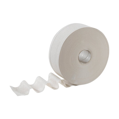 A jumbo roll of Hostess™ NATURA toilet paper from Kimberly-Clark GmbH (525 m, 6 rolls/carton) is depicted on a white background, with the tissue sheet unrolled and curving forward.
