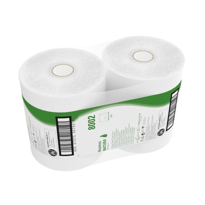 A carton contains six jumbo rolls of Hostess™ NATURA toilet paper (each 525 m, white) from Kimberly-Clark GmbH, each wrapped in plastic with a green and white label with product information and barcode.