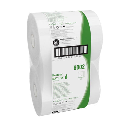 A package of 6 white Hostess™ NATURA jumbo toilet paper rolls (each 525 m) from Kimberly-Clark GmbH, packed in clear plastic with green and black print, with product details and barcode on the packaging.