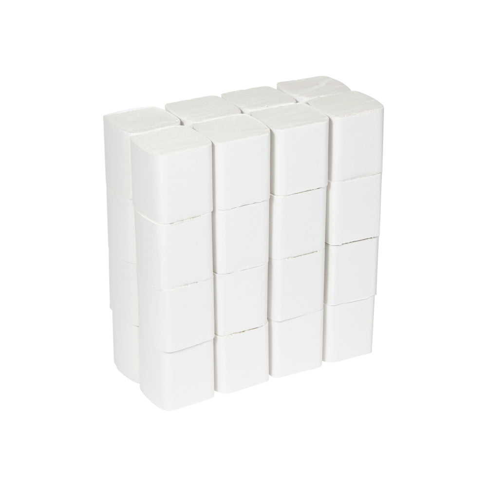 Ein Stapel weißer, rechteckiger Radiergummis, fein säuberlich in vier Reihen und fünf Spalten angeordnet wie das organisierte Einzelblattsytem von Hostess™ NATURA Toilettenpapier der Kimberly-Clark GmbH, vor einem schlichten weißen Hintergrund.