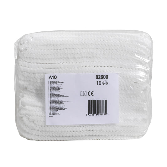 Eine durchsichtige Kunststoffverpackung enthält gestapelte weiße Mopkappen. Das weiße Etikett enthält Produktinformationen, einen Barcode und den Text "KleenGuard® A10 Leichte Haube mit Gummizug/Weiß/Universal - 1000 Mobcaps | Karton" von Kimberly-Clark GmbH.