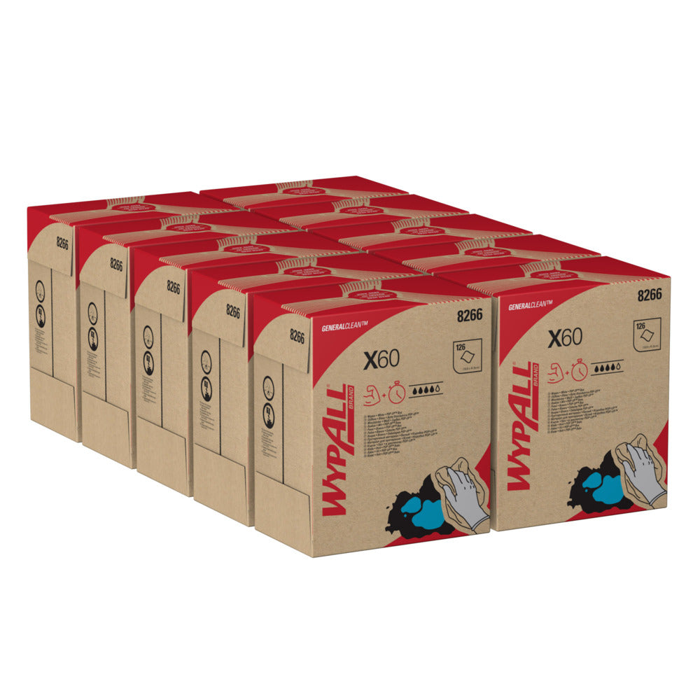 Ein Satz von zehn weißen WypAll® X60 General Clean Zupfboxen (je 126 Blatt) der Kimberly-Clark GmbH ist übersichtlich geordnet, wobei jeder Karton Produktdetails und Abbildungen enthält.
