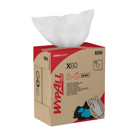 Eine WypAll® X60 General Clean Zupfbox der Kimberly-Clark GmbH (10 Kartons x 126 Blatt, weiß) spendet ein Blatt von oben. Der Karton zeigt Branding, Produktinformationen und Illustrationen für Reinigungsaufgaben in Industrie und Werkstatt.