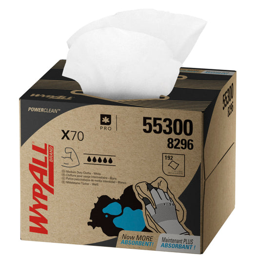 Eine WypAll® X70 PowerClean BRAG™ Box (weiß, 200 Tücher) der Kimberly-Clark GmbH zeigt ein weißes, teilweise herausgezogenes Reinigungstuch, mit Produktangaben und Abbildungen für die industrielle Reinigung auf der Box.
