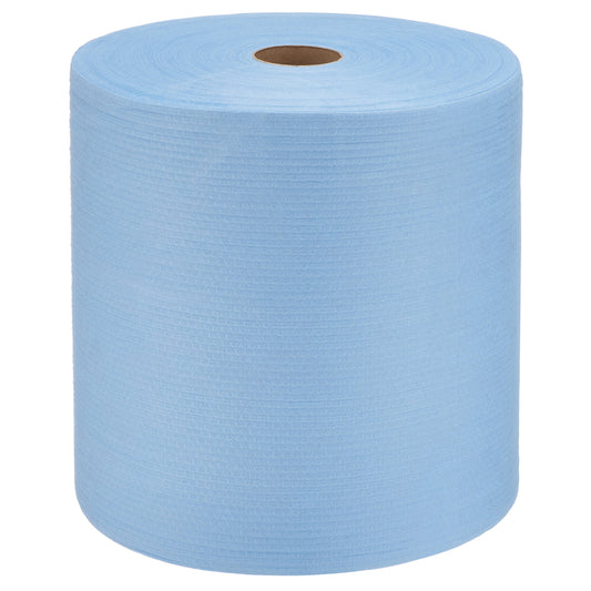 Eine WypAll® X80 PowerClean Großrolle (31,00 x 31,50 cm) der Marke Kimberly-Clark GmbH mit kleinem braunen Kartonkern steht aufrecht vor weißem Hintergrund.